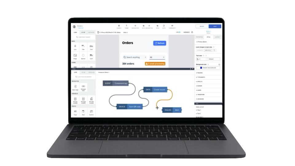 Laptopbeeldscherm waarop het interface van SAP Build Apps te zien is, met verschillende componenten, workflowlogica en een lijst met bestellingen.